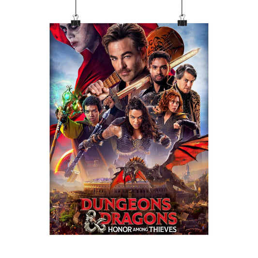 Movie poster for 'Dungeons & Dragons: Honor Among Thieves' featuring characters and dragons.